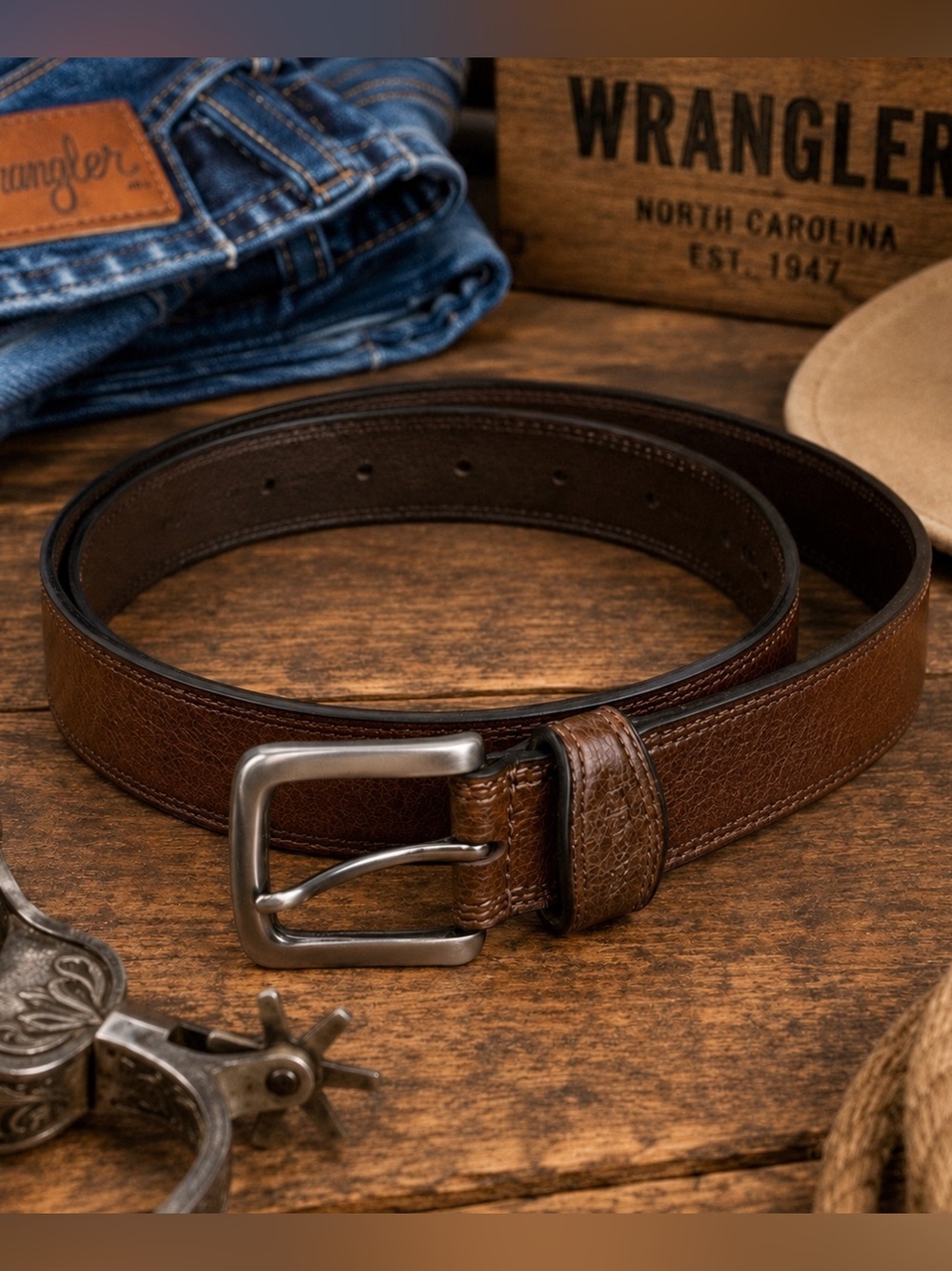 Wrangler Dark Brown American Bison Leather Belt • Silver Buckle 
Size 38